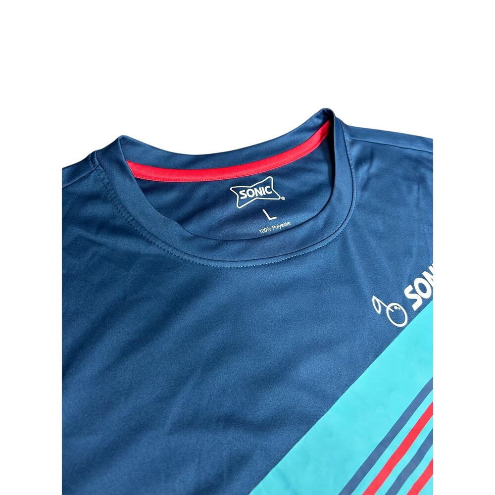 Sonic T Shirt Mens Large Blue Employee Unisex Uniform Striped Cherry Logo Team